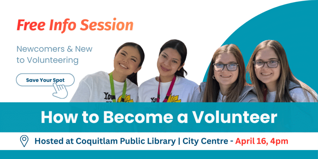 Information Session banner with volunteers. Coquitlam BC