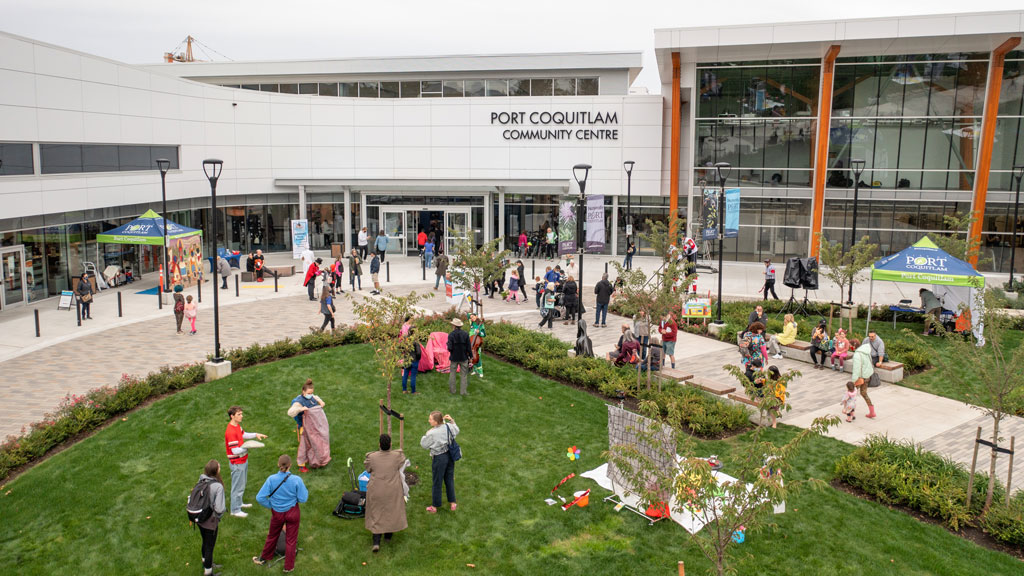 ariel view of entrance to Port Coquitlam Community Centre